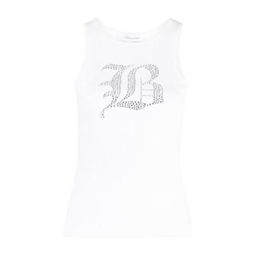 Blumarine Vit Ribbad Tanktopp med Rhinestone-Logo White, Dam