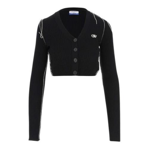 Off White Svart Ribbstickad V-ringad Cardigan Black, Dam