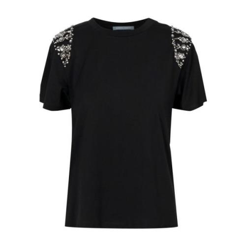 Alberta Ferretti Svart Crew-neck Bomull T-shirt med Axelapplikationer ...