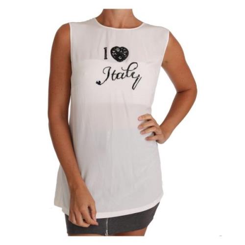 Dolce & Gabbana Italiensk Siden Cami T-shirt med Spets och Paljetter B...