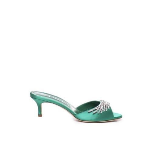 Manolo Blahnik Gröna Satin Kristall Sandaler Green, Dam