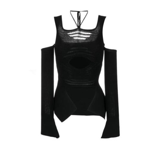 Andrea Adamo Svart Ribbad Cropped Top med Slitna Detaljer Black, Dam