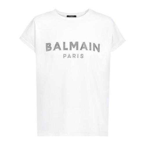 Balmain Ekodesignerad bomullst-shirt med rhinestone-logotyp White, Dam