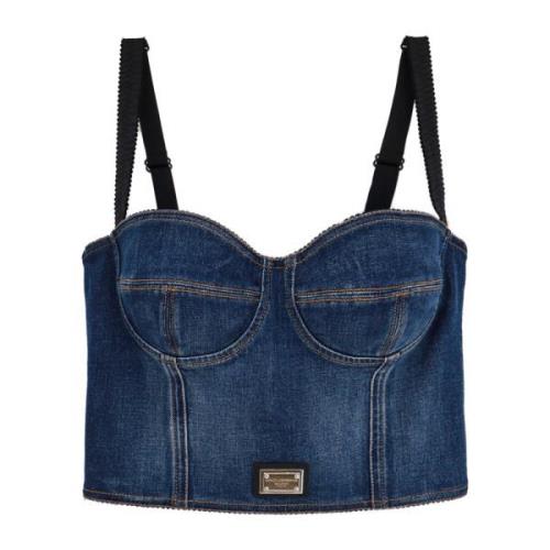 Dolce & Gabbana Animalier Denim Bustier Top Blue, Dam