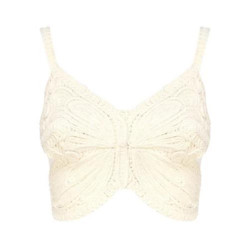 Blumarine Vit Ribbad Crop Top med Fjärilsvinge Brodyr White, Dam