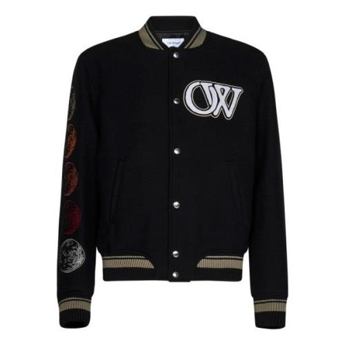 Off White Svart ribbstickad bomberjacka med månmotiv Black, Herr