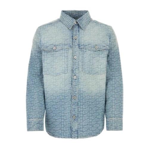 Balmain Broderad Denim Skjorta Blue, Herr