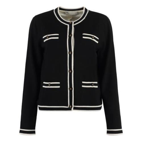 Tory Burch Kontrast Trimmad Merinoull Cardigan Black, Dam