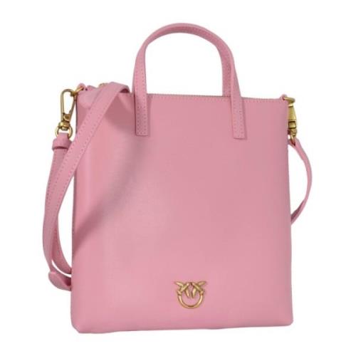 Pinko Mini Slät Läder Shopper med Love Birds Diamond Cut Platta Pink, ...