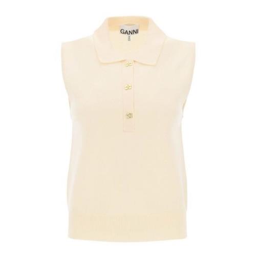 Ganni Ärmelös Polo Shirt i Ull och Cashmere Beige, Dam