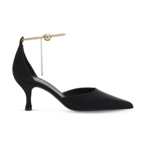 Salvatore Ferragamo Siden Satin Pumps med Guld Kedja Rem Black, Dam