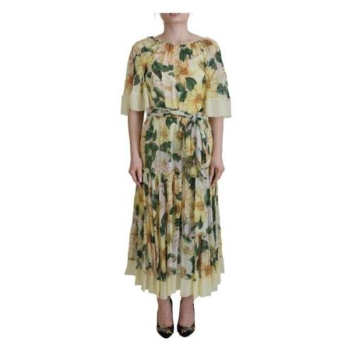 Dolce & Gabbana Gul Blommig Plisserad Maxi Sidenklänning Multicolor, D...