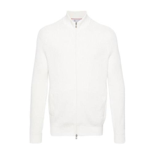 Brunello Cucinelli Vit Ribbad Bomull Zip Cardigan White, Herr