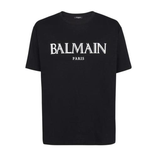 Balmain Oversized T-shirt med Gummi Logo i Svart Black, Herr
