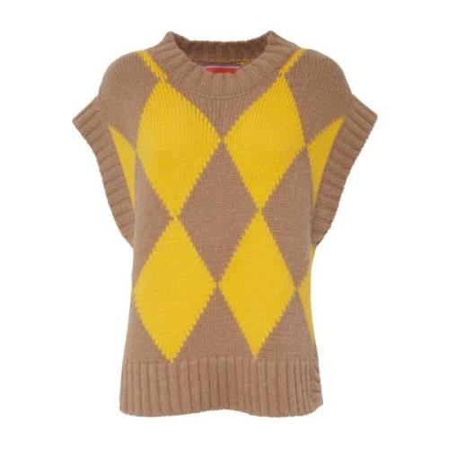 La DoubleJ Argyle Gilet, Ullblandad Statementtröja Yellow, Dam