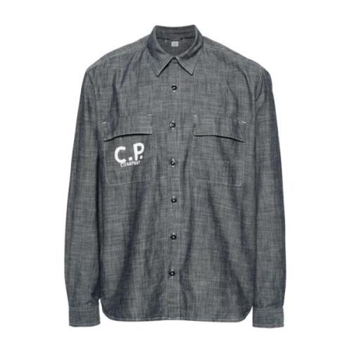 C.p. Company Logo Print Chambray Skjorta Gray, Herr