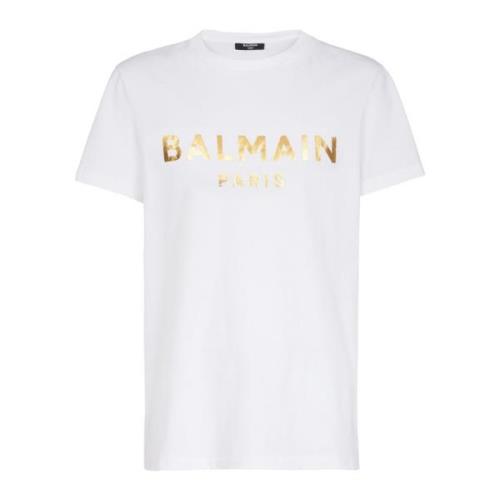 Balmain Ekodesignerad bomull T-shirt med Paris logotyptryck White, Her...
