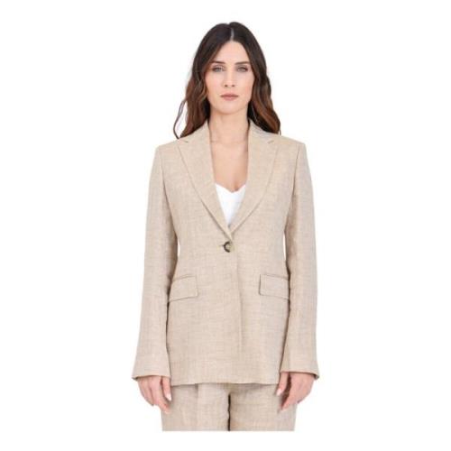 Max Mara Beige Linne Enkelknappad Jacka Beige, Dam