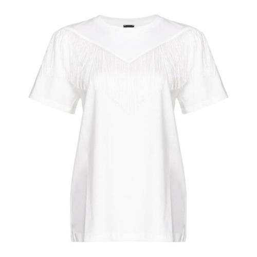 Pinko Kortärmad bomullsjersey T-shirt med fransapplikation White, Dam