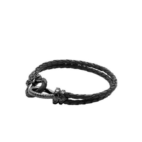 Nialaya Svart Läderarmband med Krokspänne Black, Herr