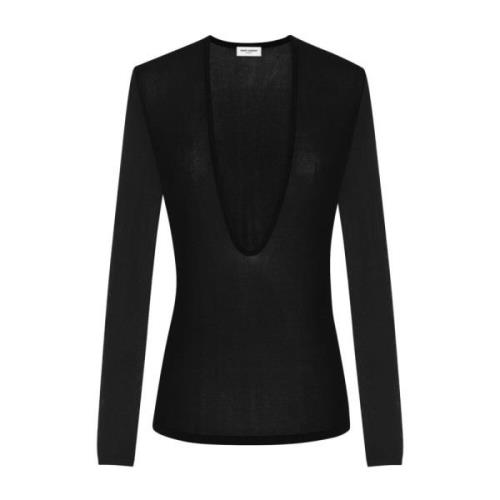 Saint Laurent Svart Viskos Stickad U-Hals Topp Black, Dam