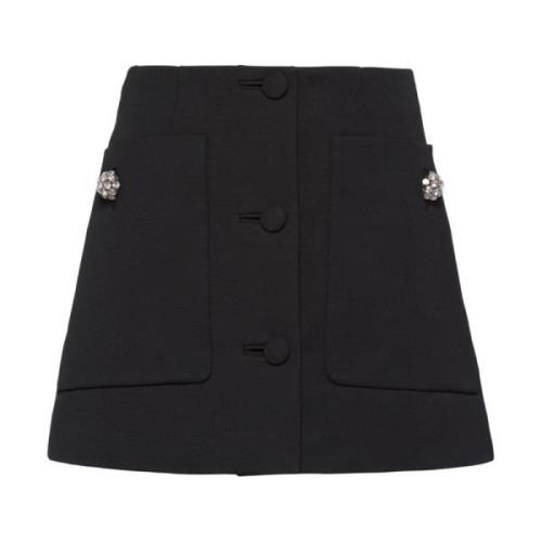 Prada Svart Ull Gabardin Juvelknapp Kjol Black, Dam