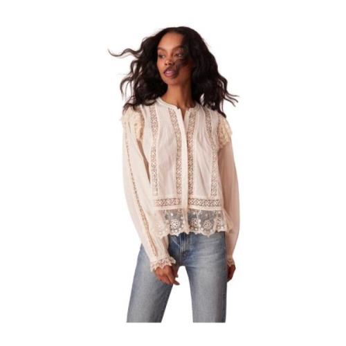 Loveshackfancy Vintage-inspirerad Broderad Mesh Ruffle Blus Beige, Dam