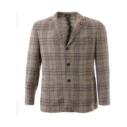 Lardini Checked Three Buttons Linen Jacket Brown, Herr