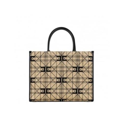 Elisabetta Franchi Jacquard Shopper Väska Beige/Svart Multicolor, Dam