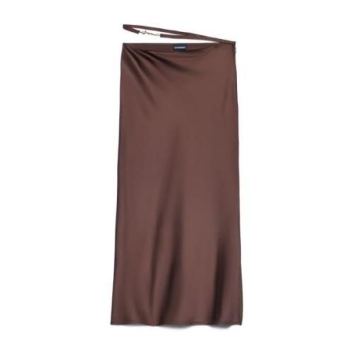 Jacquemus Guld Logo Satin Midi Kjol Brown, Dam