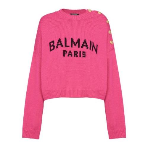 Balmain Kort tröja i mesh med logotyp Pink, Dam
