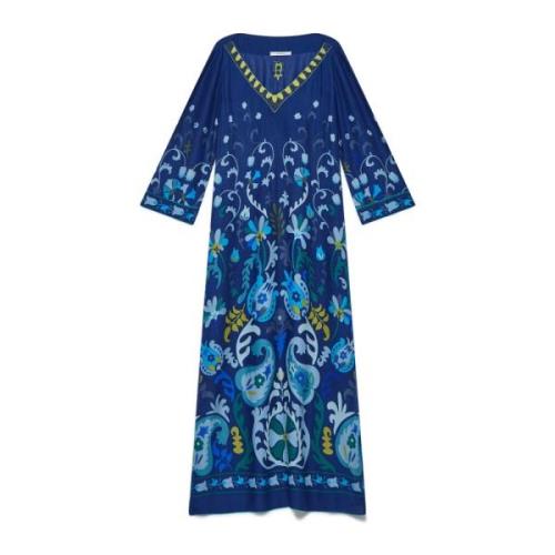 Maliparmi Geometriskt Broderad Viskos Kaftan Klänning Blue, Dam