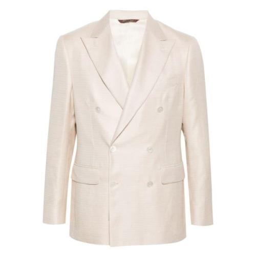 Canali Herringbone Dubbelknäppt Blazer Beige, Herr