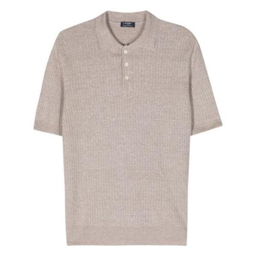 Barba Räfflad Linne Bomull Polo Skjorta Beige, Herr