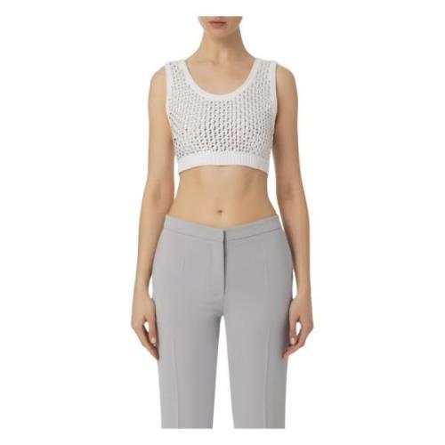 Elisabetta Franchi Mesh Bomull Top med Strass White, Dam