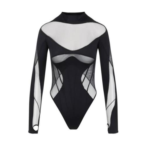 Mugler Svart Mesh Topp med Ståkrage Black, Dam