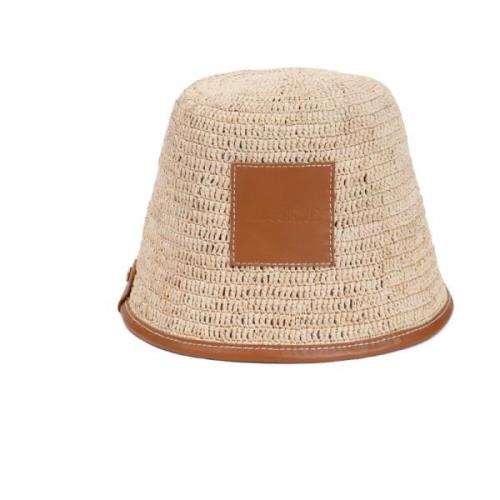 Jacquemus Brun Läder Raffia Bob Hatt Beige, Dam