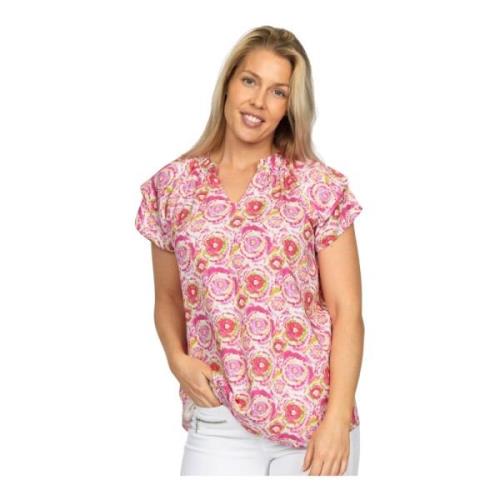 2-Biz Rosa Blus med Ruffle Ärmar Multicolor, Dam