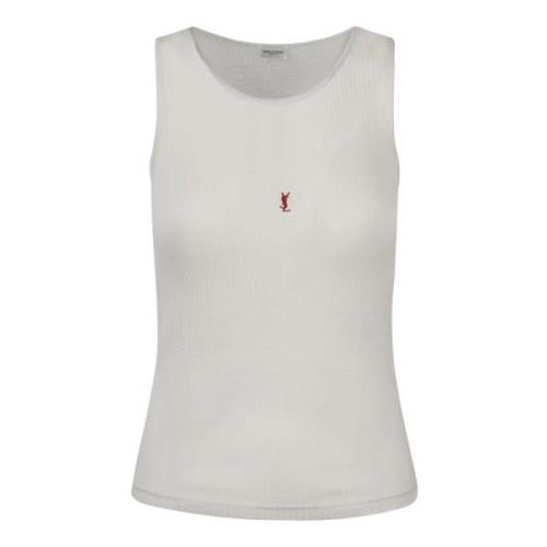 Saint Laurent Cassandre Ribbad Ull Tank Top White, Dam