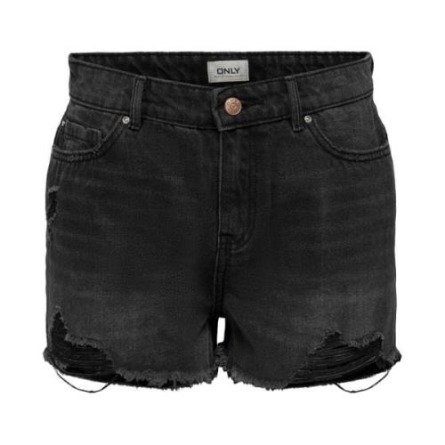 Only Svarta Denim Casual Shorts med Fransmönster Black, Dam