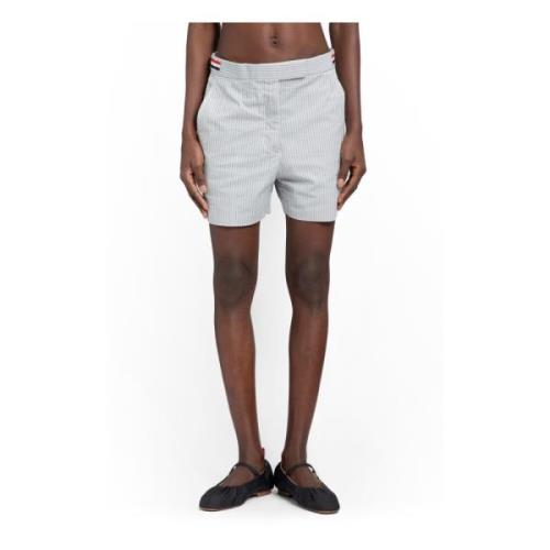 Thom Browne Randig Bomull Seersucker Shorts med Sidoflikar Gray, Dam