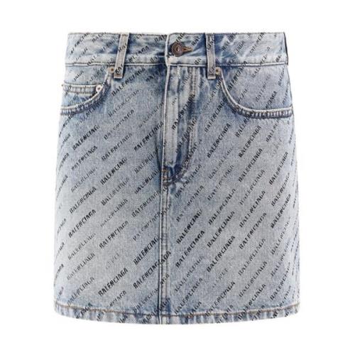 Balenciaga Denim Mini Kjol med All-Over Print Blue, Dam