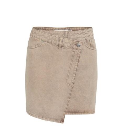 Gestuz Asymmetrisk Denim Kort Kjol Ljusbrun Beige, Dam