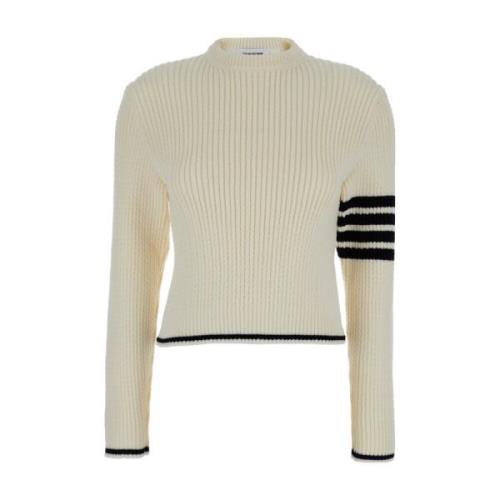 Thom Browne Vit Crewneck Sweater 4-Bar Detalj Beige, Dam