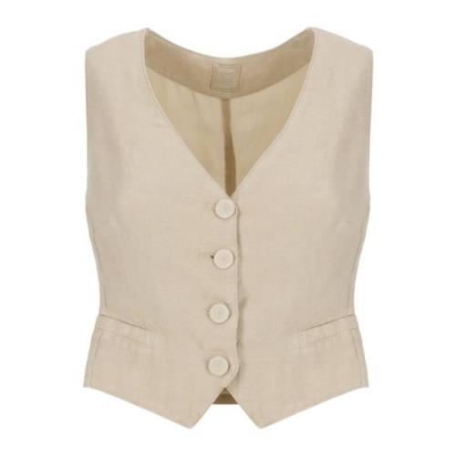 120% Lino Beige Linen V-Neck Sweater Vest Beige, Dam