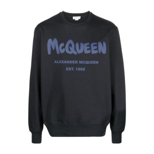 Alexander McQueen Blå tryckt sweatshirt för män Blue, Herr