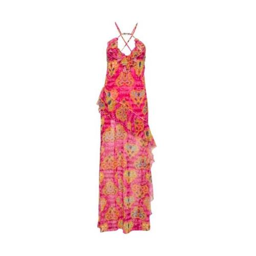 Versace Jeans Couture Fuchsia Chiffon Heart Print Maxi Dress Multicolo...