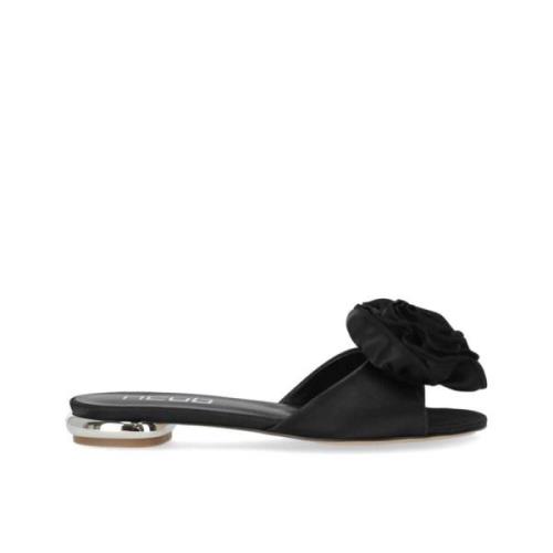 Ncub Svart Läder Blomma Slide Sandal Black, Dam