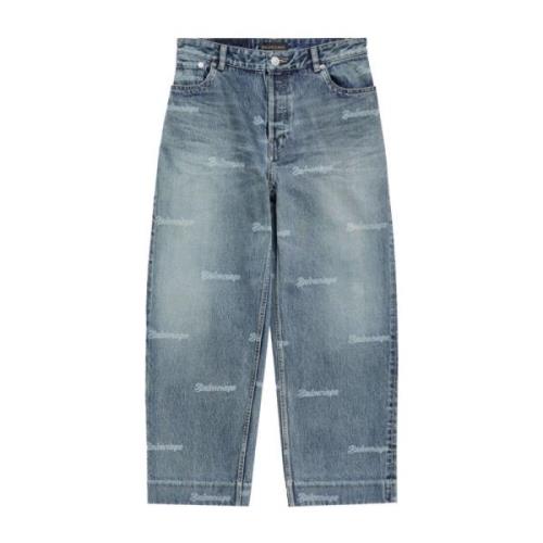 Balenciaga Logo-Print Tapered Cropped Jeans Blue, Dam