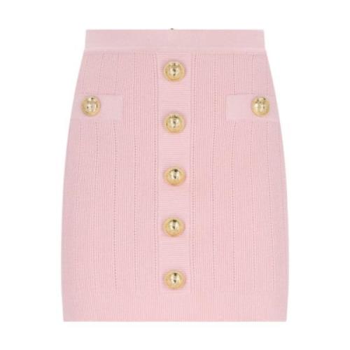 Balmain Rosa Stickad Mini Kjol med Guld Detaljer Pink, Dam